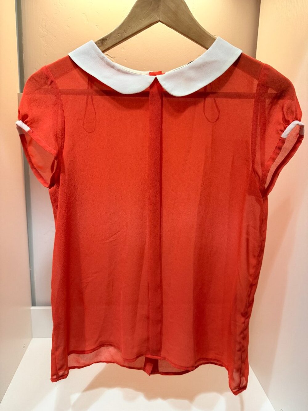 ZARA Sheer Chiffon Blouse with White Peter Pan Collar - Coral Red/Orange - S